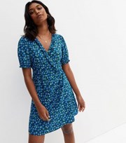 New Look Blue Ditsy Floral Crepe Frill Mini Wrap Dress